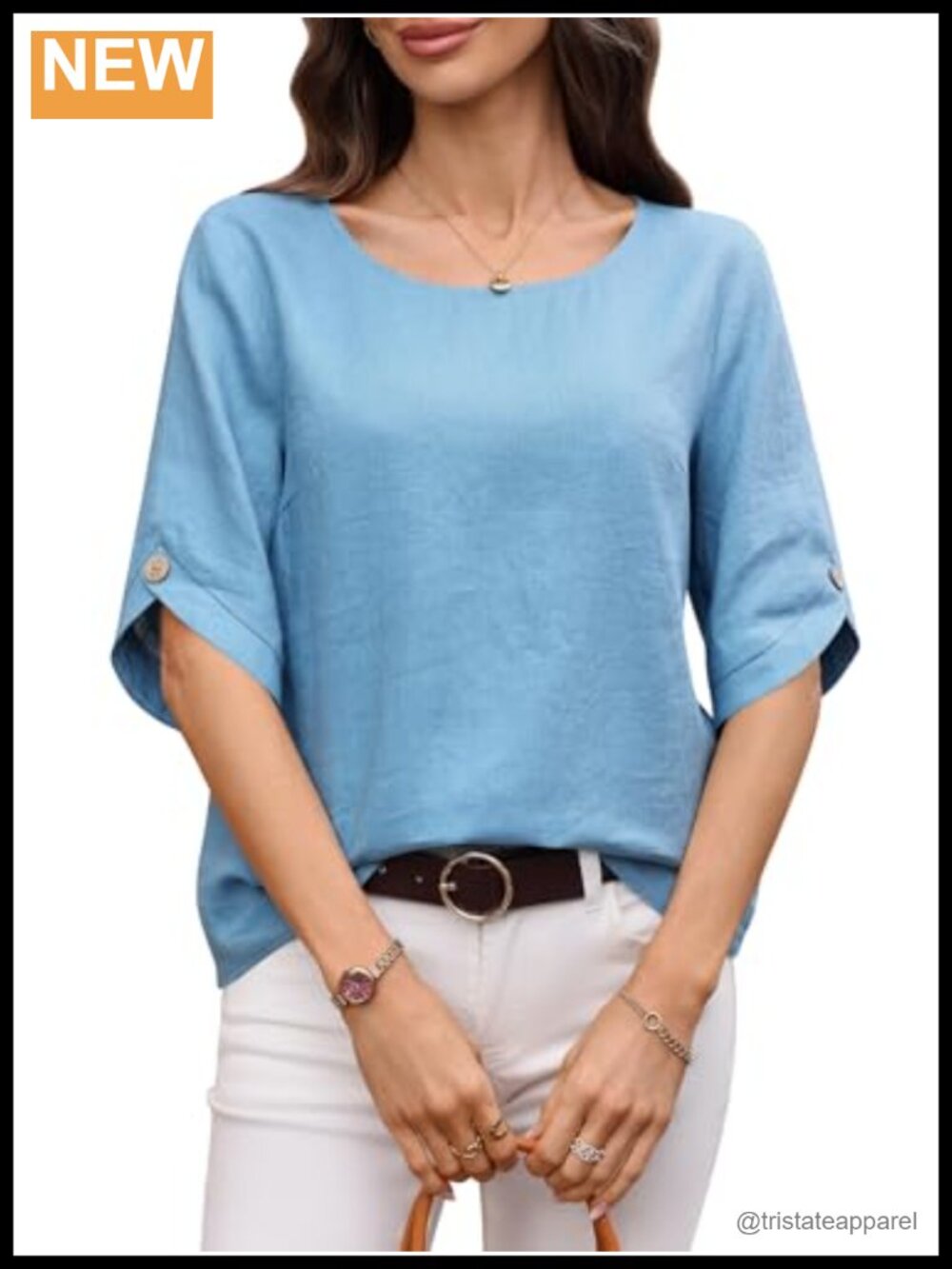 Women's 100% Linen blouse 3/4 sleeve button crewneck summer